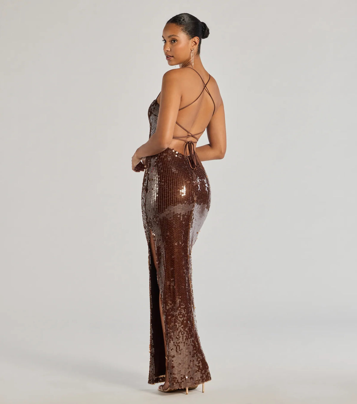 Naya Lace-Up High Slit Sequin Column Dress