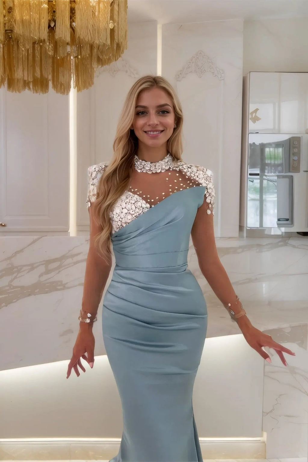 Trumpet/Mermaid Blue Satin Long Sleeve Prom Dresses Long Formal Ball Gown
