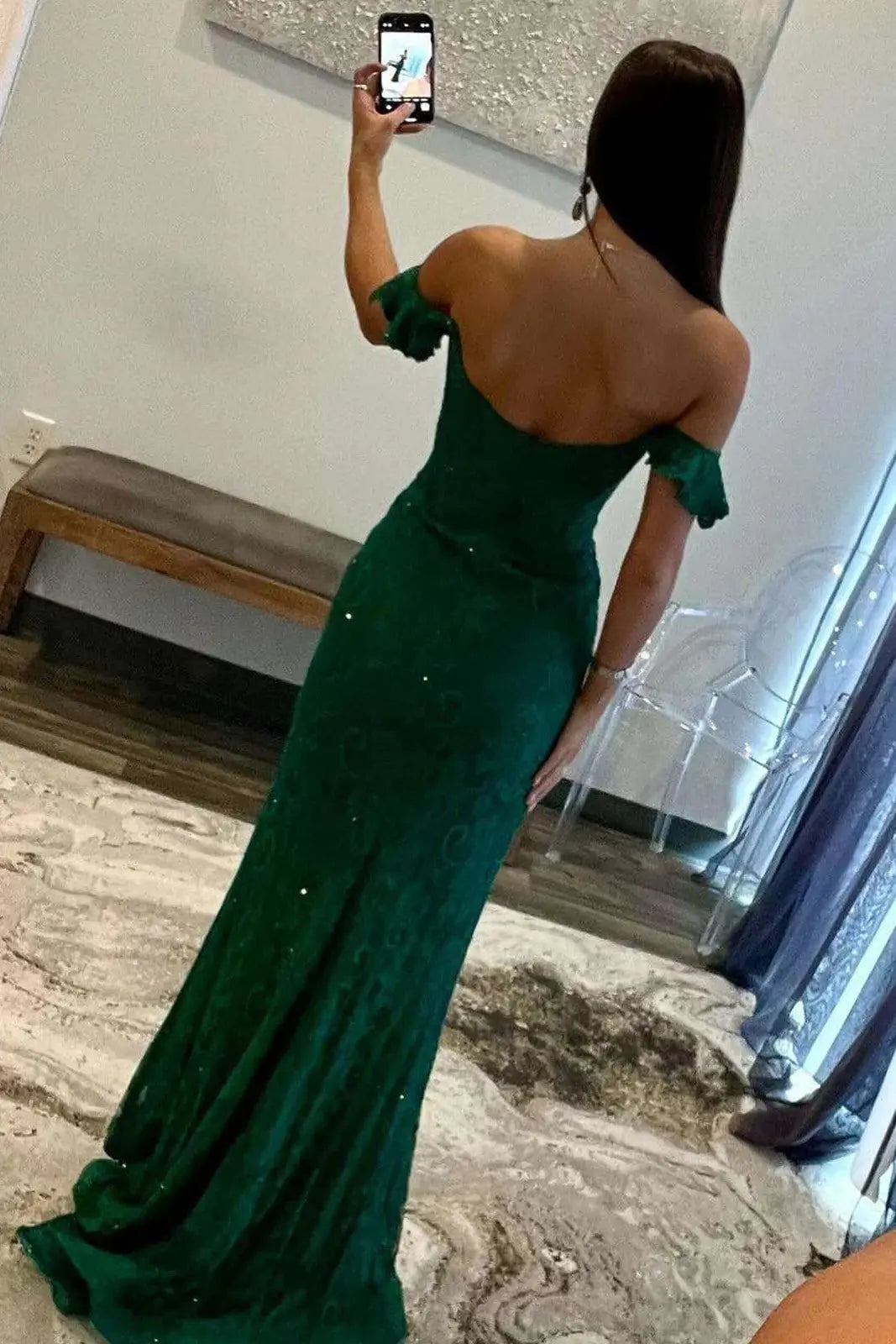 Trumpet/Mermaid Off-the-Shoulder Sleeveless Lace Long Prom Dresses Green Ball Gowns