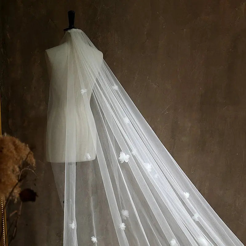 Floral Cut Edge Single Tier Tulle Bridal Cathedral Length Wedding Veils