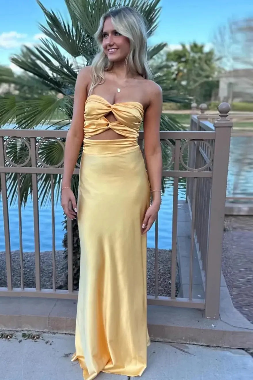 A-Line Silk Strapless Sleeveless Long Prom Dress Blue Prom Gown