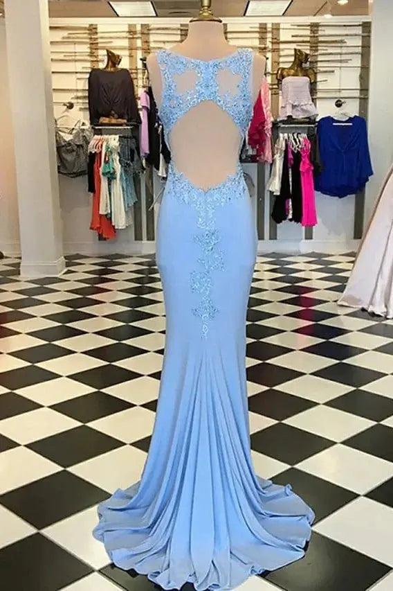 Trumpet/Mermaid Scalloped Neck Sleeveless Sweep Train Elastic Satin Blue Prom Dresses With Appliqued