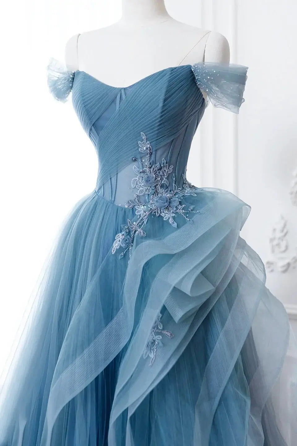 A-Line Blue Tulle Lace Long Formal Dress Off the Shoulder Formal Evening Dress