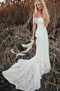 Trumpet/Mermaid Lace Applique Off-the-Shoulder Short Sleeves Court Train Wedding Dresses