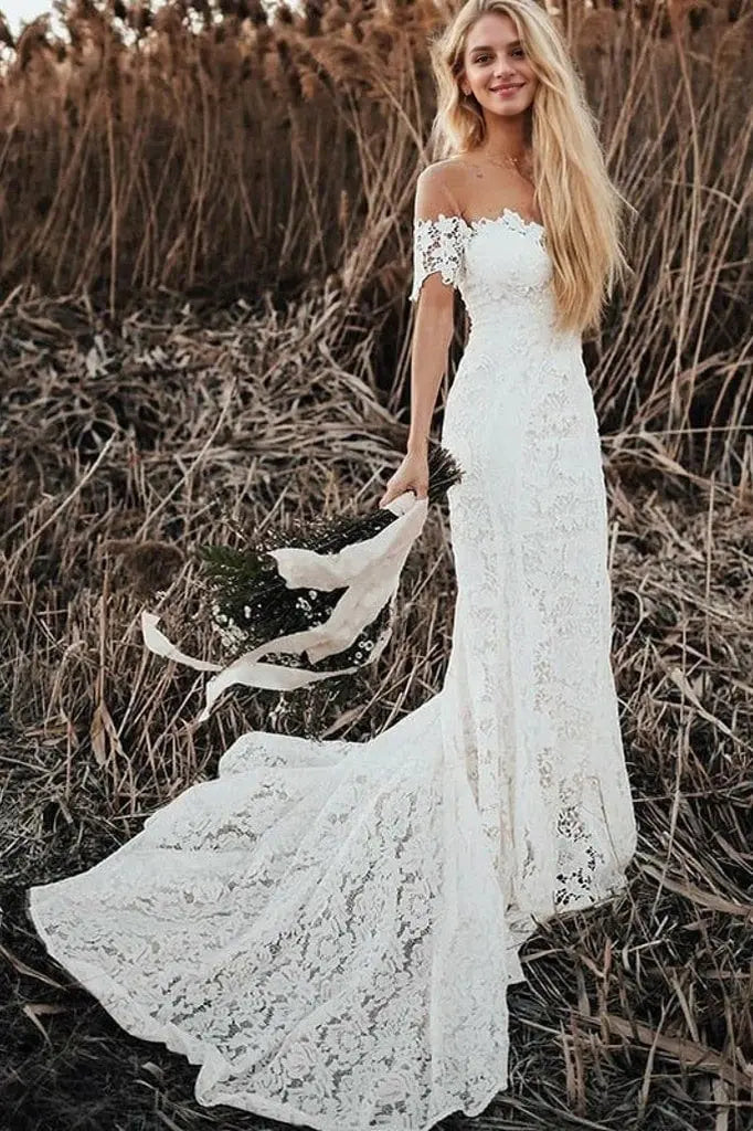 Trumpet/Mermaid Lace Applique Off-the-Shoulder Short Sleeves Court Train Wedding Dresses