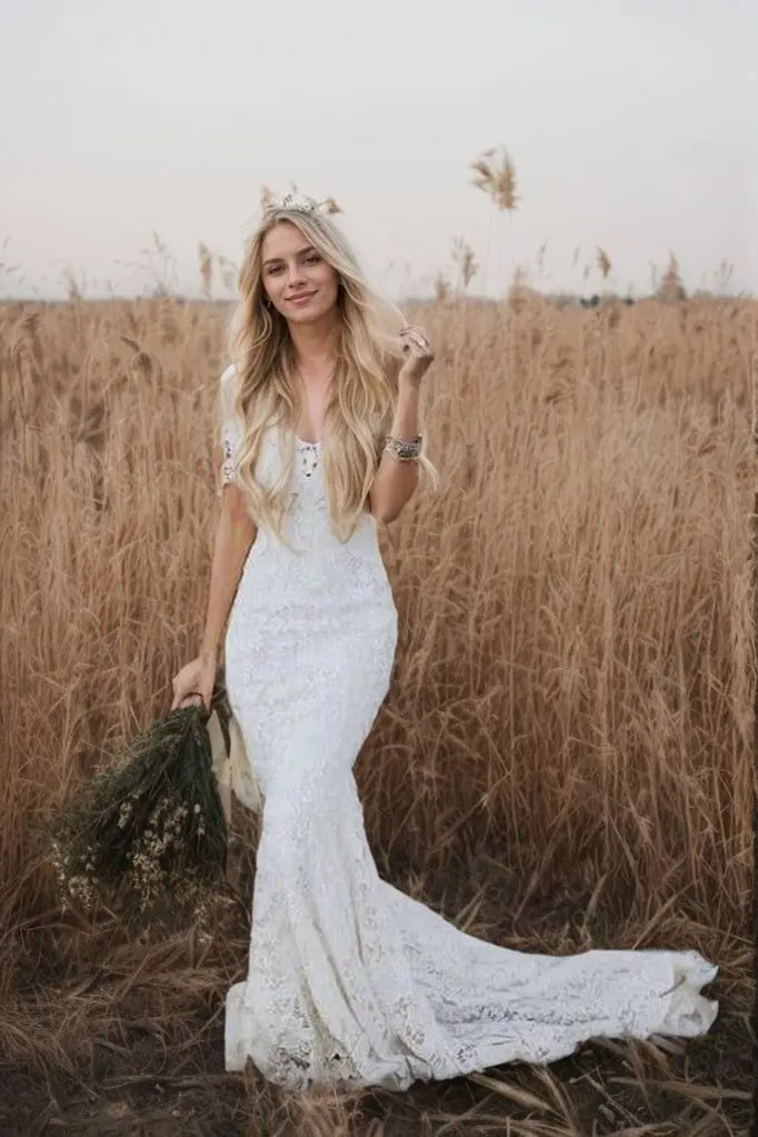 Trumpet/Mermaid Lace Applique Off-the-Shoulder Short Sleeves Court Train Wedding Dresses