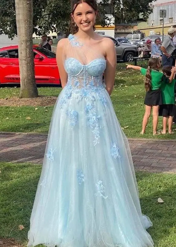 A-line One-Shoulder Sleeveless Long/Floor-Length Tulle Prom Dresses with Appliqued Split