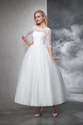 Ball Gown Bateau Lace 1/2 Sleeves Long Net Wedding Dresses
