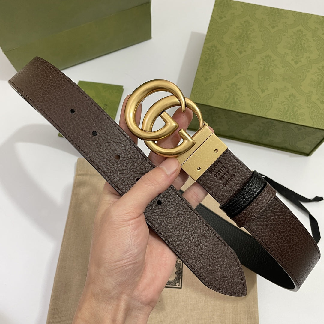 DOUBLE G GOLD BUCKLE 38MM BLACK BROWN LEATHER