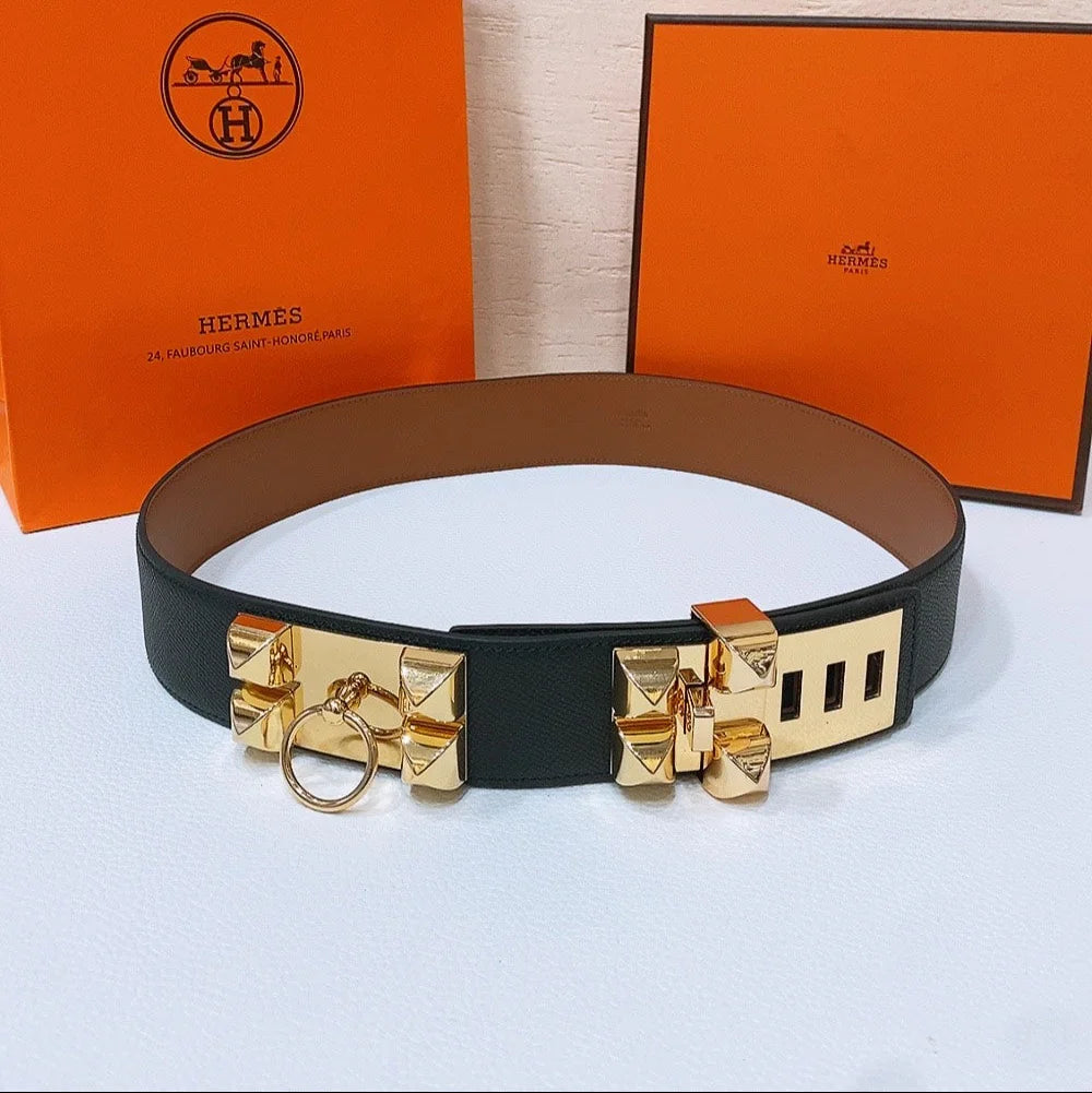 Hermès Collier De Chien 50 Belt Black Epsom Calfskin With Gold-tone Metal Buckle