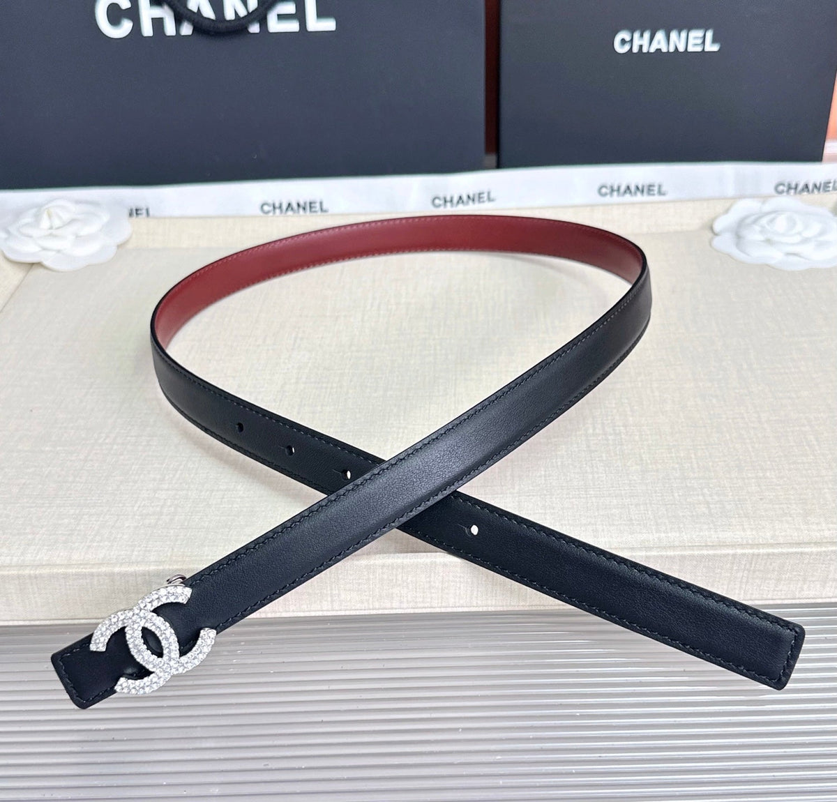 CC Crystal Buckle Reversible Belt Cowhide SHW 210435