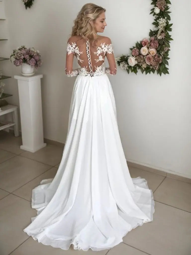 A-Line/Princess Chiffon Applique Scoop Long Sleeves Sweep/Brush Train Wedding Dresses