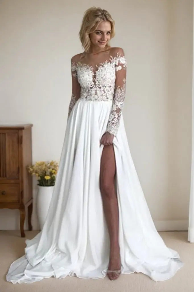 A-Line/Princess Chiffon Applique Scoop Long Sleeves Sweep/Brush Train Wedding Dresses