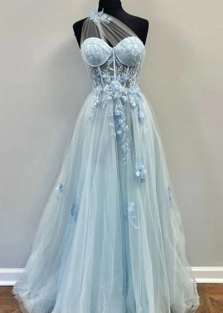 A-line One-Shoulder Sleeveless Long/Floor-Length Tulle Prom Dresses with Appliqued Split