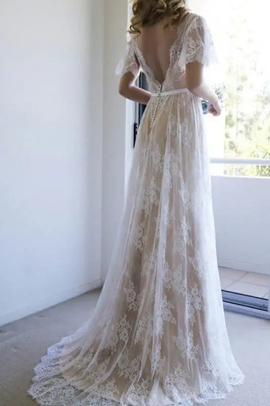 A-Line/Princess Lace Sash/Ribbon/Belt V-neck Short Sleeves Sweep/Brush Train Wedding Dresses