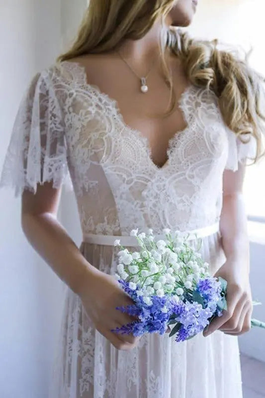 A-Line/Princess Lace Sash/Ribbon/Belt V-neck Short Sleeves Sweep/Brush Train Wedding Dresses