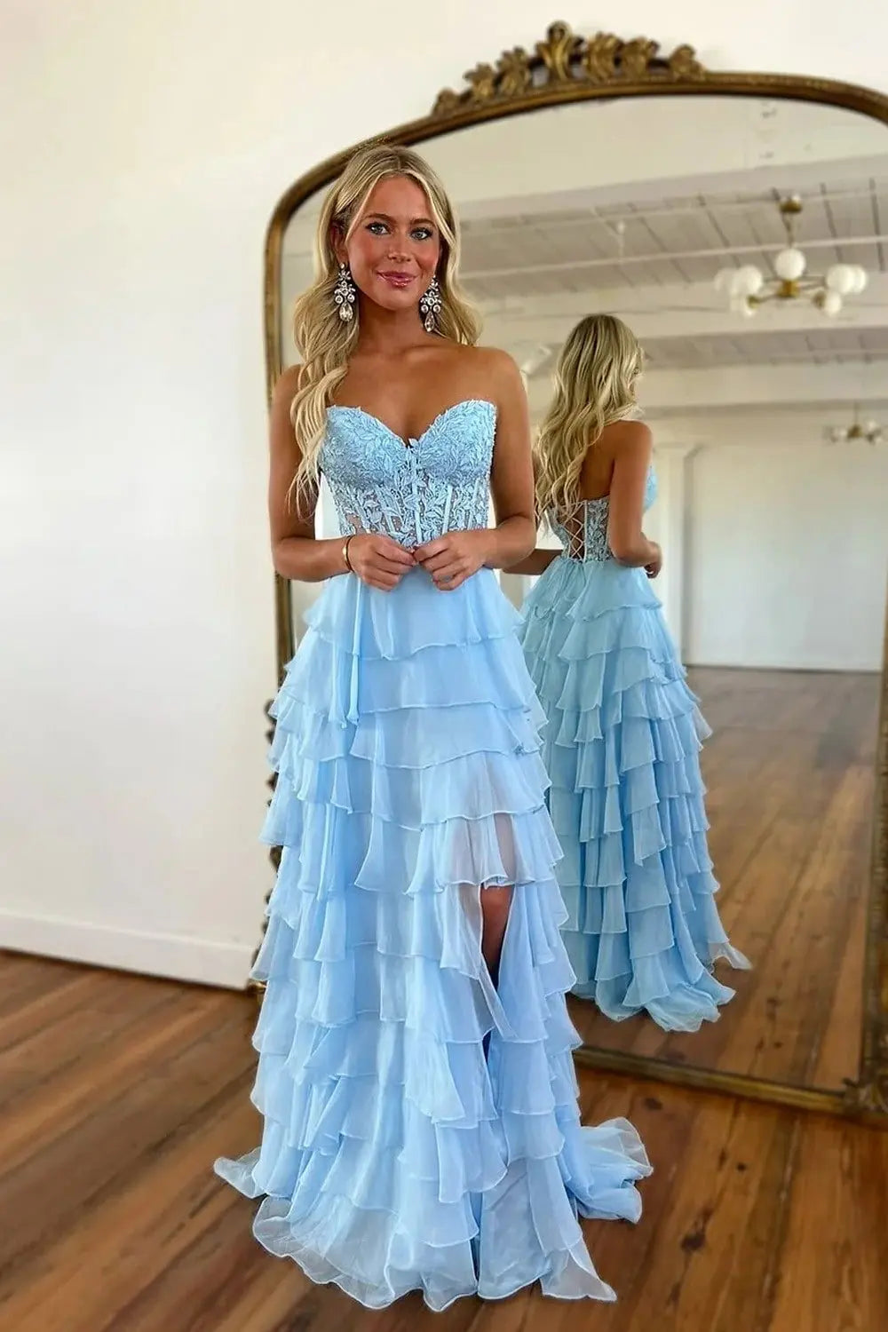 A-line/Princess Chiffon Fuchsia Sweetheart Tiered Ruffles Prom Dress with Slit Applique