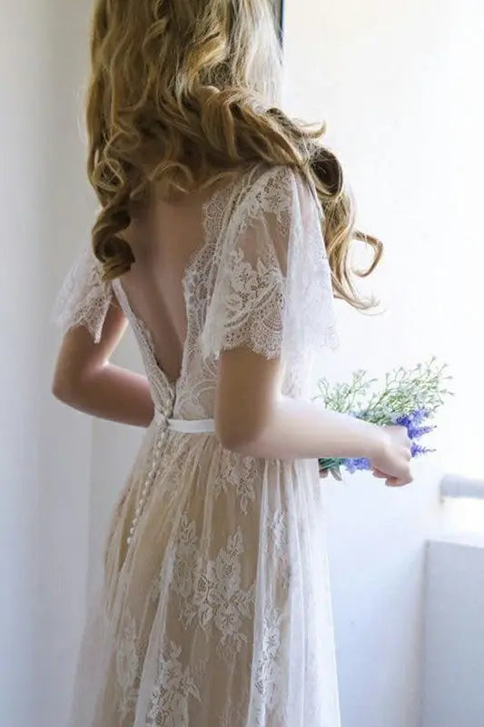 A-Line/Princess Lace Sash/Ribbon/Belt V-neck Short Sleeves Sweep/Brush Train Wedding Dresses