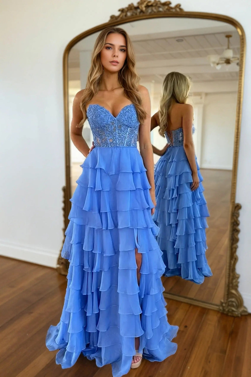 A-line/Princess Chiffon Fuchsia Sweetheart Tiered Ruffles Prom Dress with Slit Applique