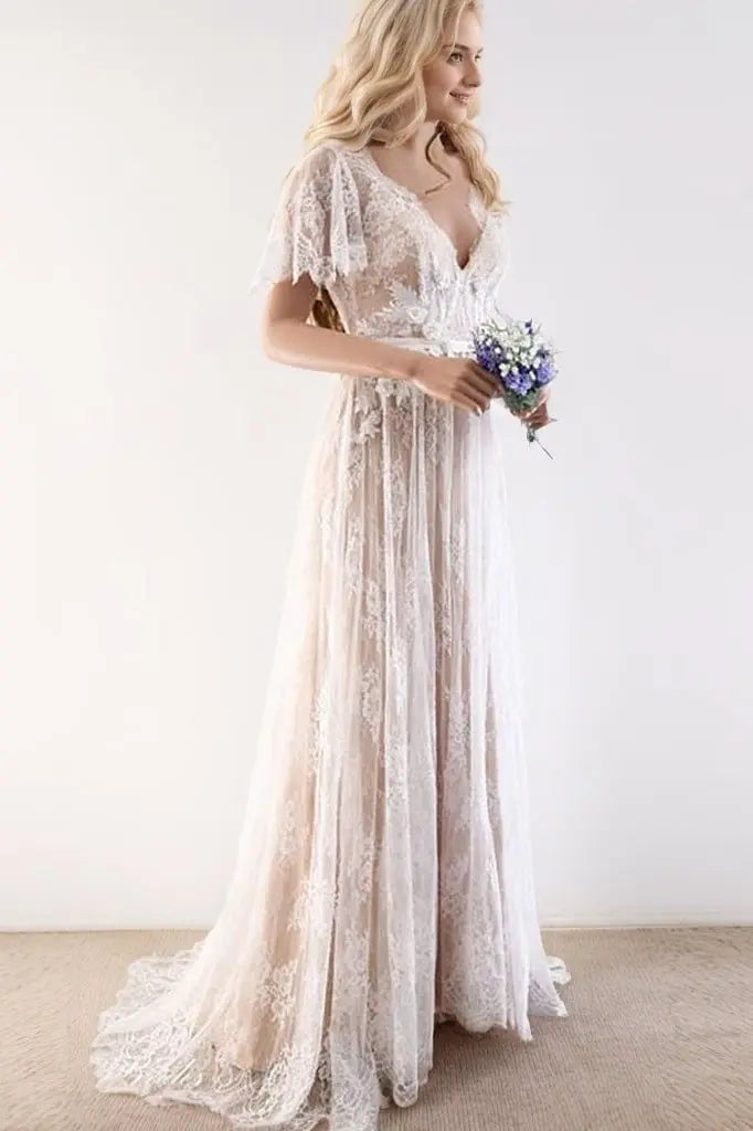 A-Line/Princess Lace Sash/Ribbon/Belt V-neck Short Sleeves Sweep/Brush Train Wedding Dresses