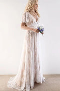 A-Line/Princess Lace Sash/Ribbon/Belt V-neck Short Sleeves Sweep/Brush Train Wedding Dresses