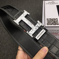 HM Belt 38mm Black Crocodile Embossed Silver Buckle Leather 619362