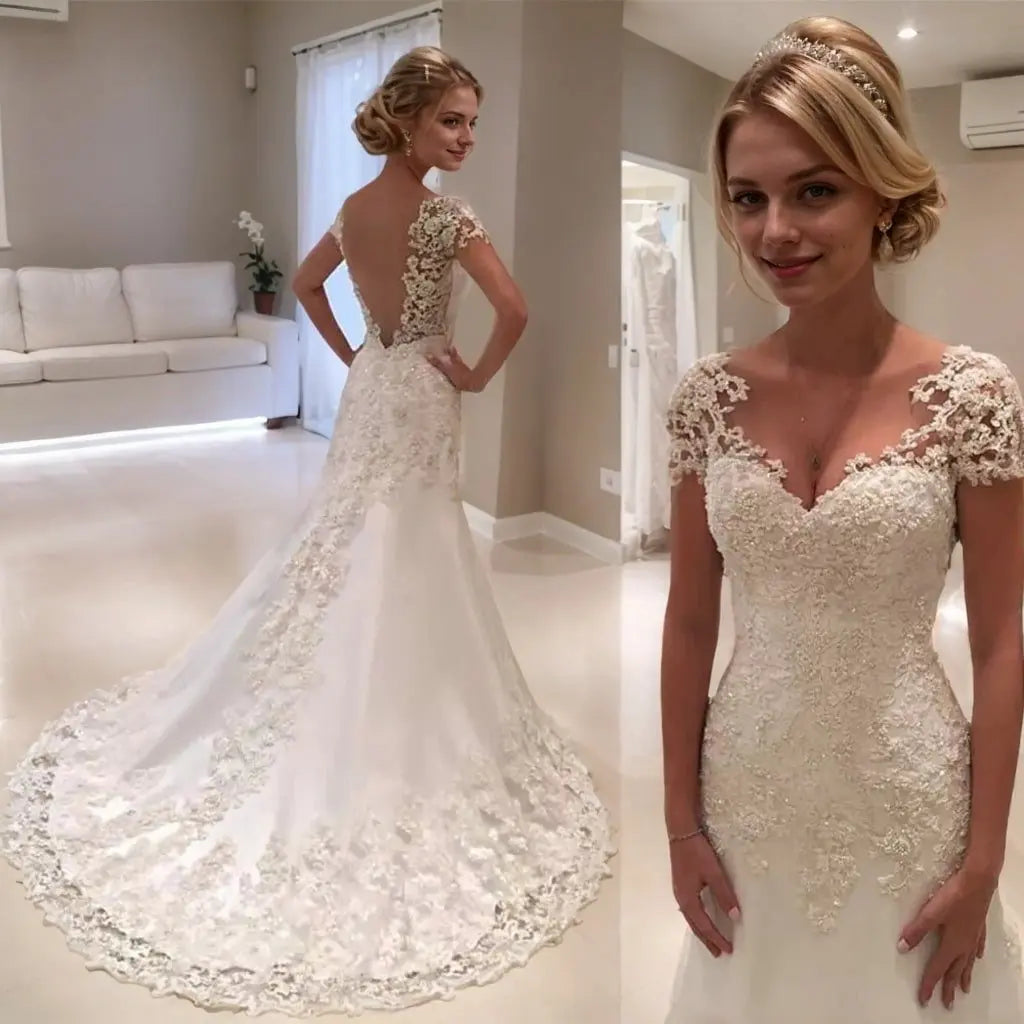 Trumpet/Mermaid Short Sleeves Sweetheart Court Train Lace Wedding Dresses