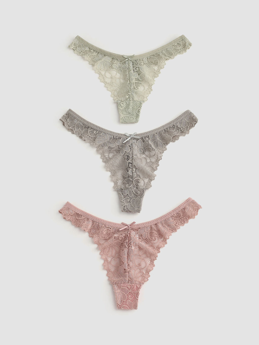 3pcs Floral Lace Mid Waist Thong