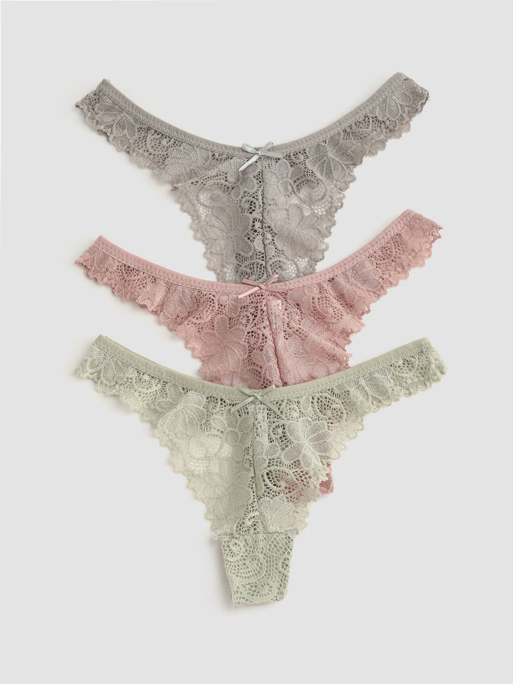 3pcs Floral Lace Mid Waist Thong