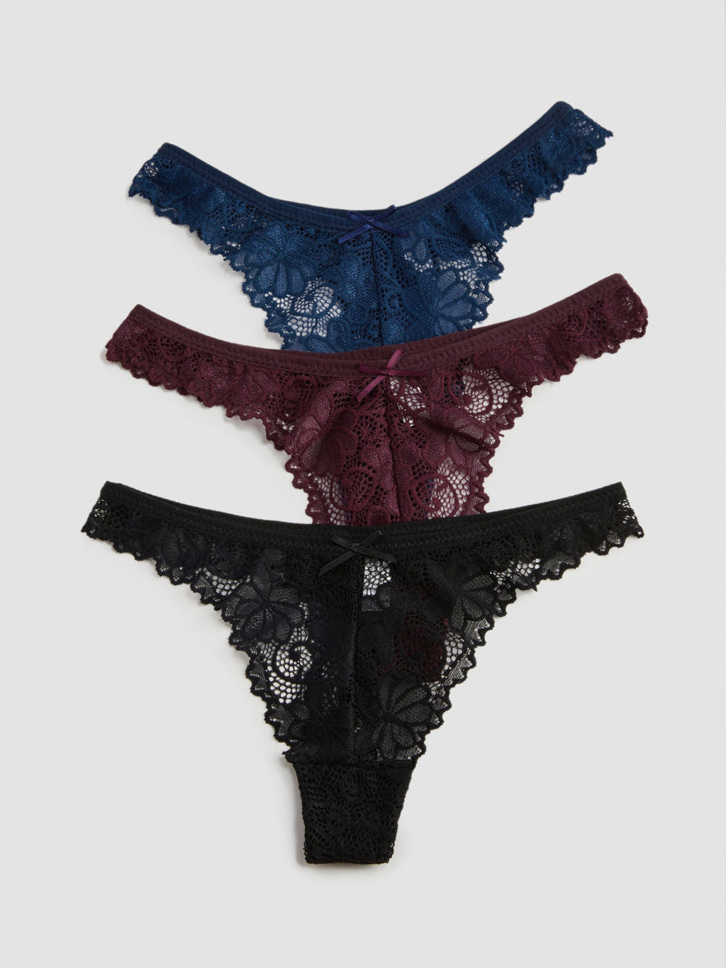 3pcs Floral Lace Mid Waist Thong