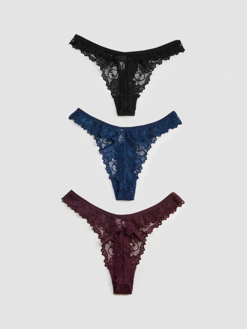 3pcs Floral Lace Mid Waist Thong