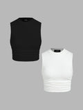 2 Pack Round Neck Solid Ruched Crop Tank Top