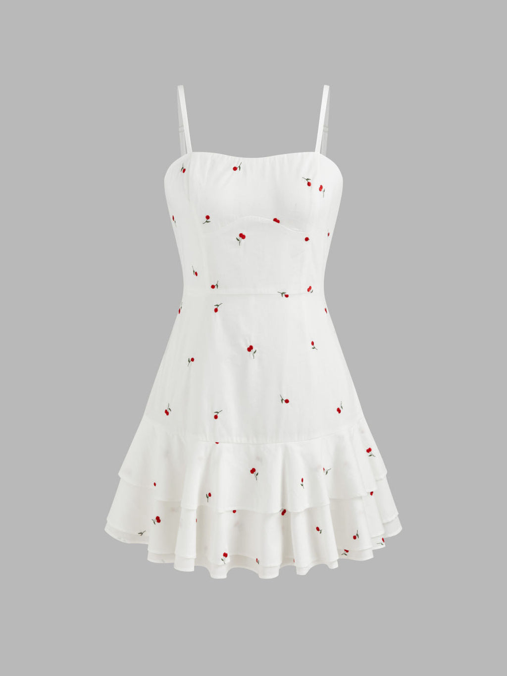 100% Cotton Square Neck Cherry Embroidery Layered Mini Dress