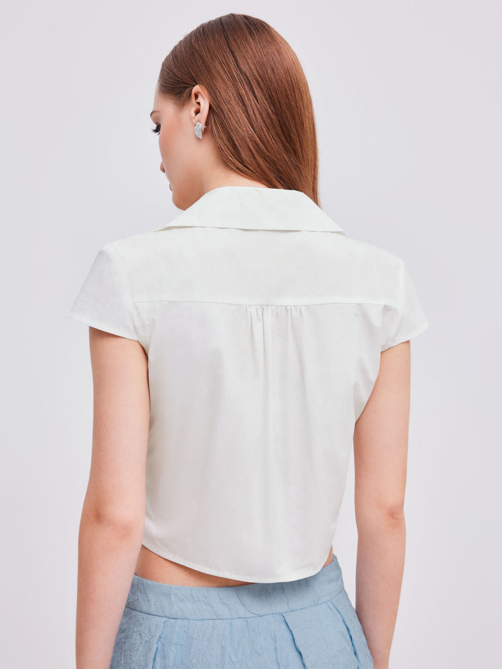 100% Cotton V-neck Solid Ruched Short Sleeve Shirt