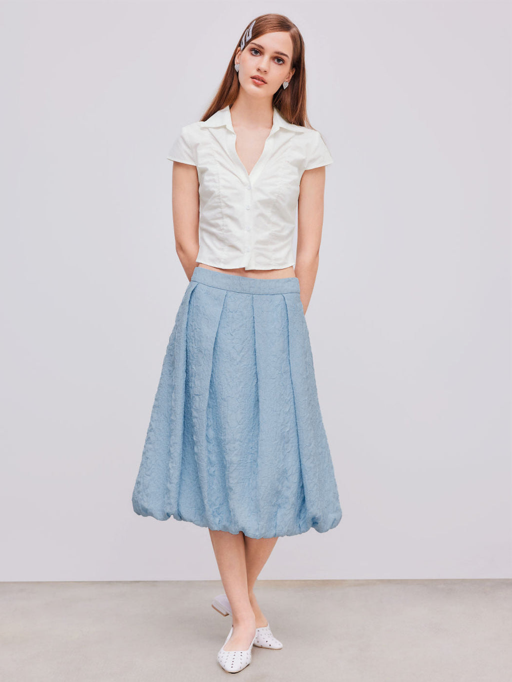 100% Cotton V-neck Solid Ruched Short Sleeve Shirt