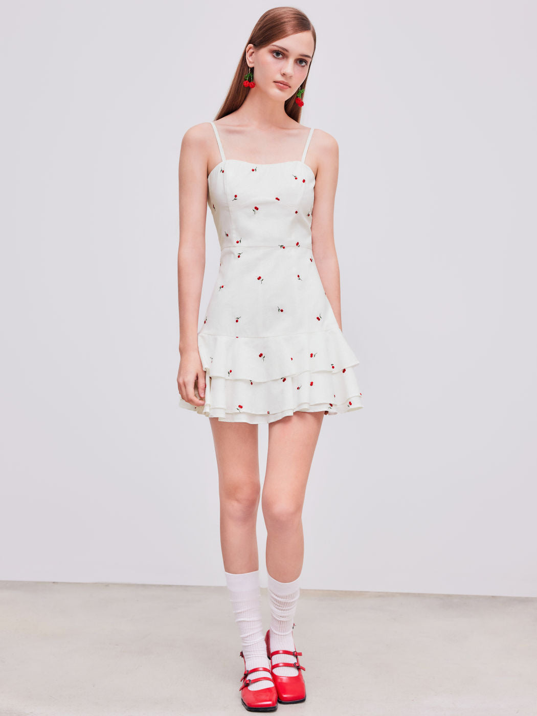 100% Cotton Square Neck Cherry Embroidery Layered Mini Dress
