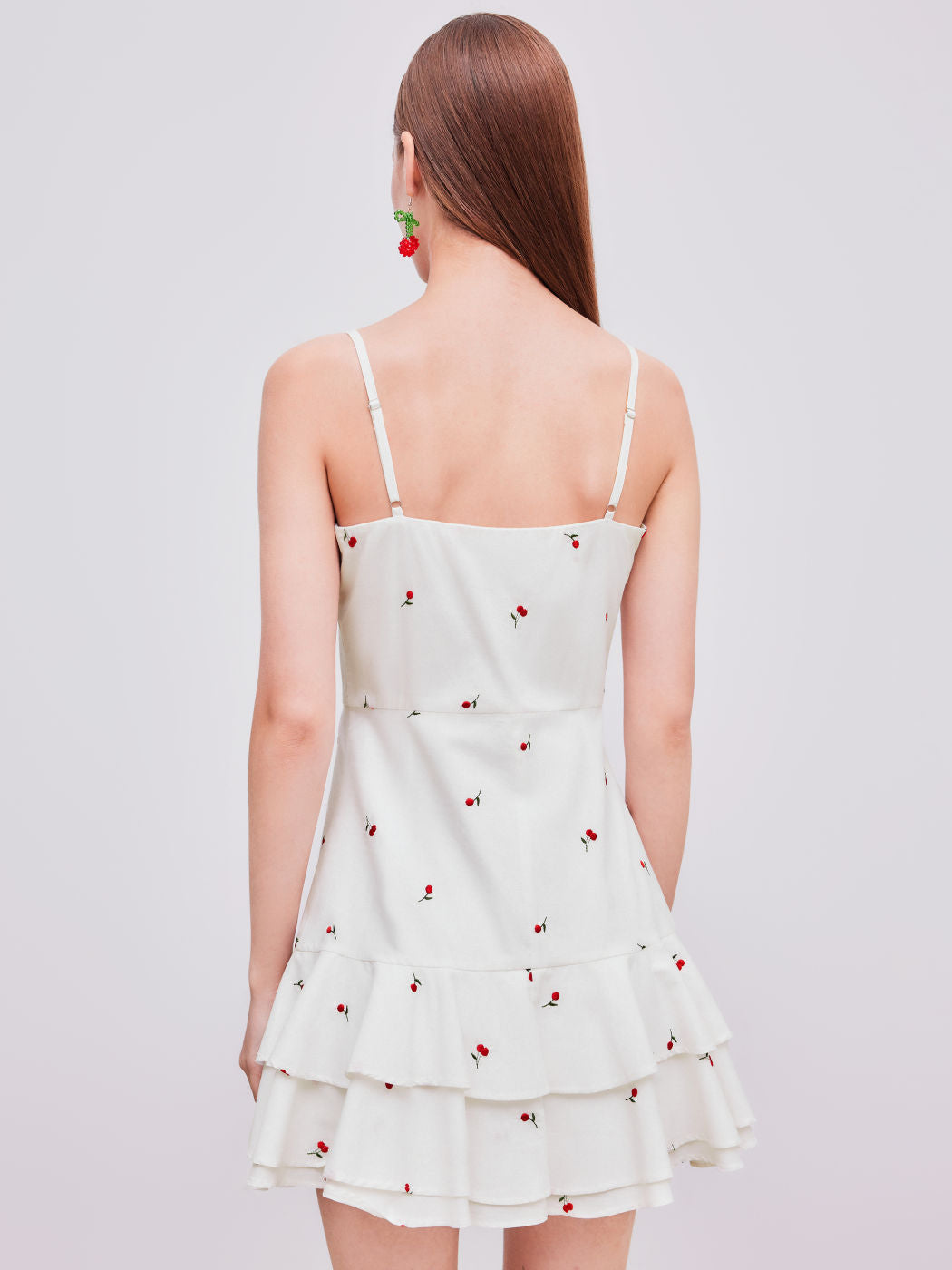100% Cotton Square Neck Cherry Embroidery Layered Mini Dress