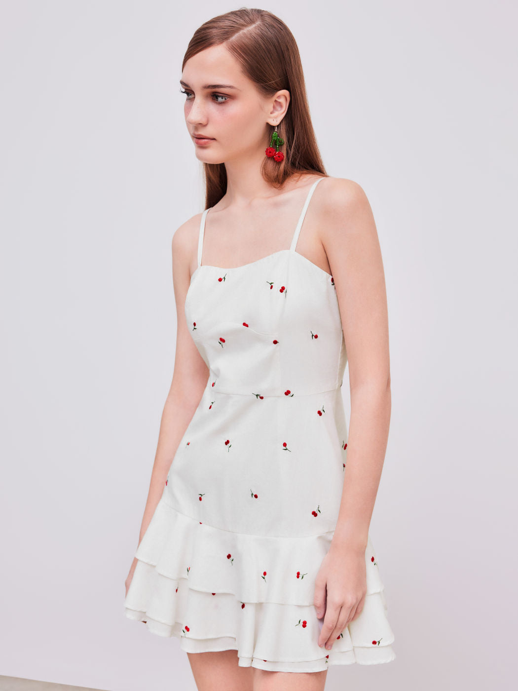 100% Cotton Square Neck Cherry Embroidery Layered Mini Dress