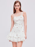 100% Cotton Square Neck Cherry Embroidery Layered Mini Dress