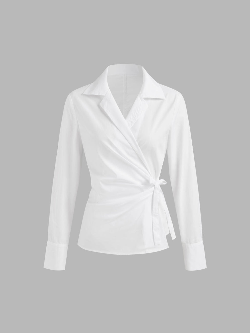 100% Cotton Collar Solid Wrap Knotted Long Sleeve Shirt