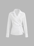 100% Cotton Collar Solid Wrap Knotted Long Sleeve Shirt