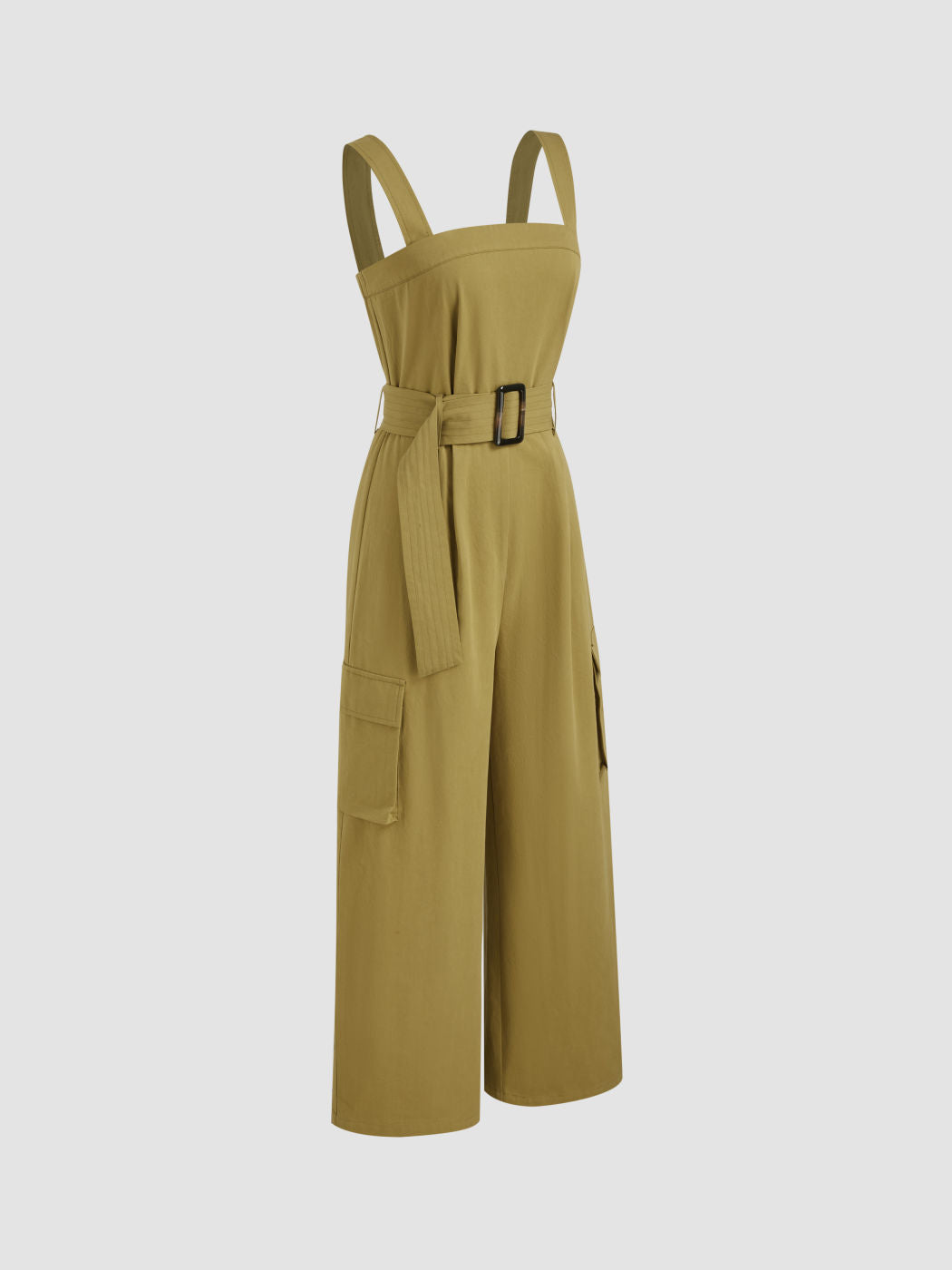100% Cotton Solid Pocket Cargo Jumpsuit With Belt