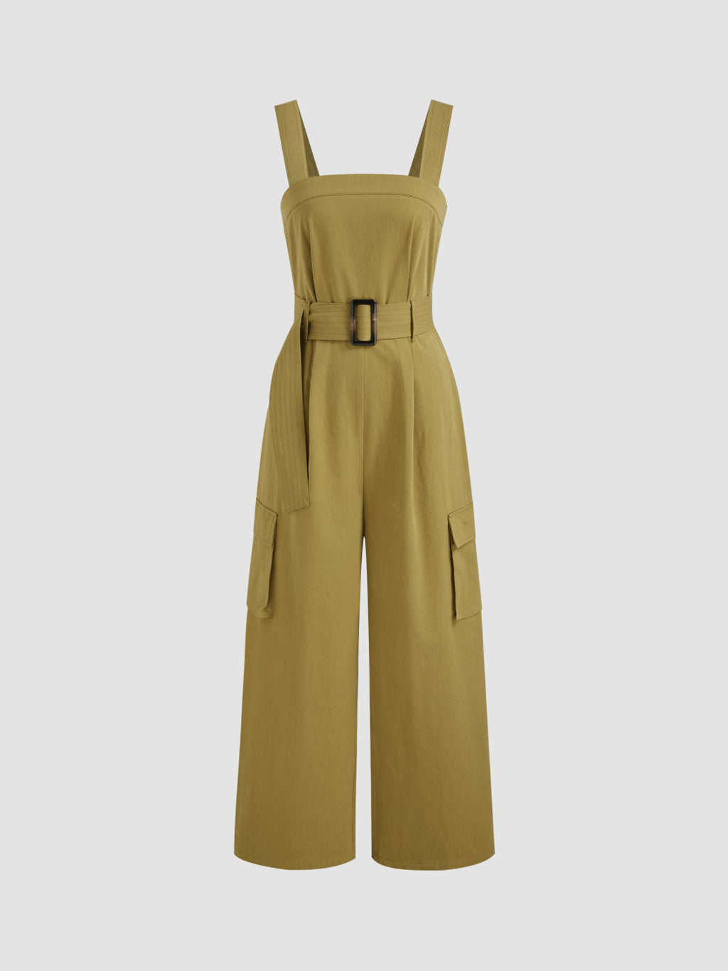 100% Cotton Solid Pocket Cargo Jumpsuit With Belt