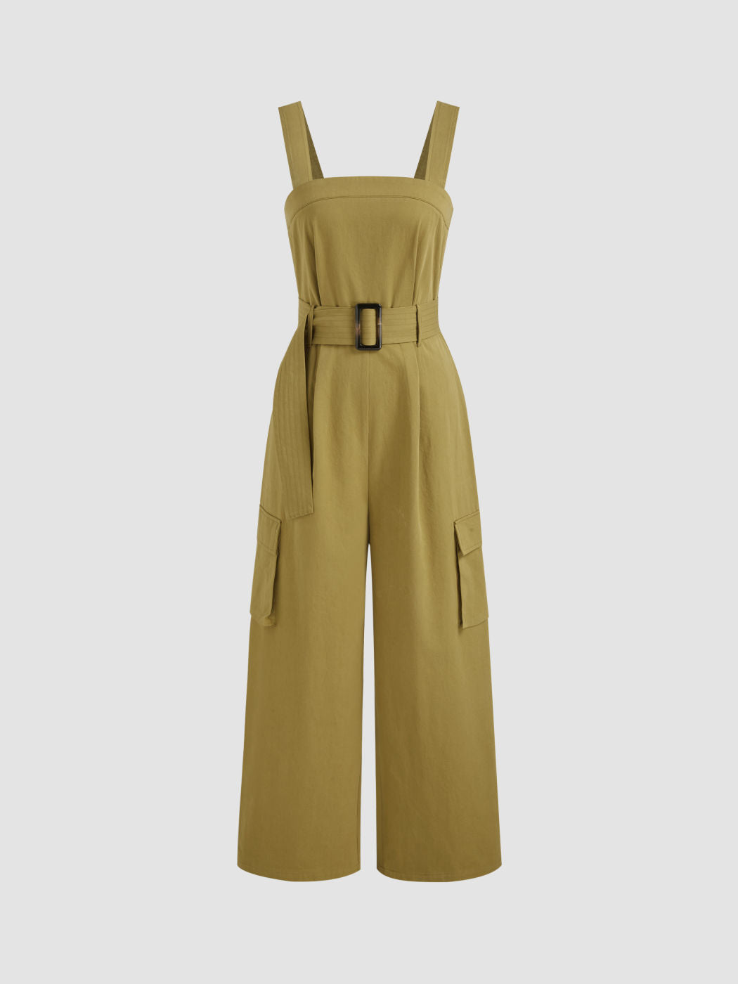 100% Cotton Solid Pocket Cargo Jumpsuit With Belt