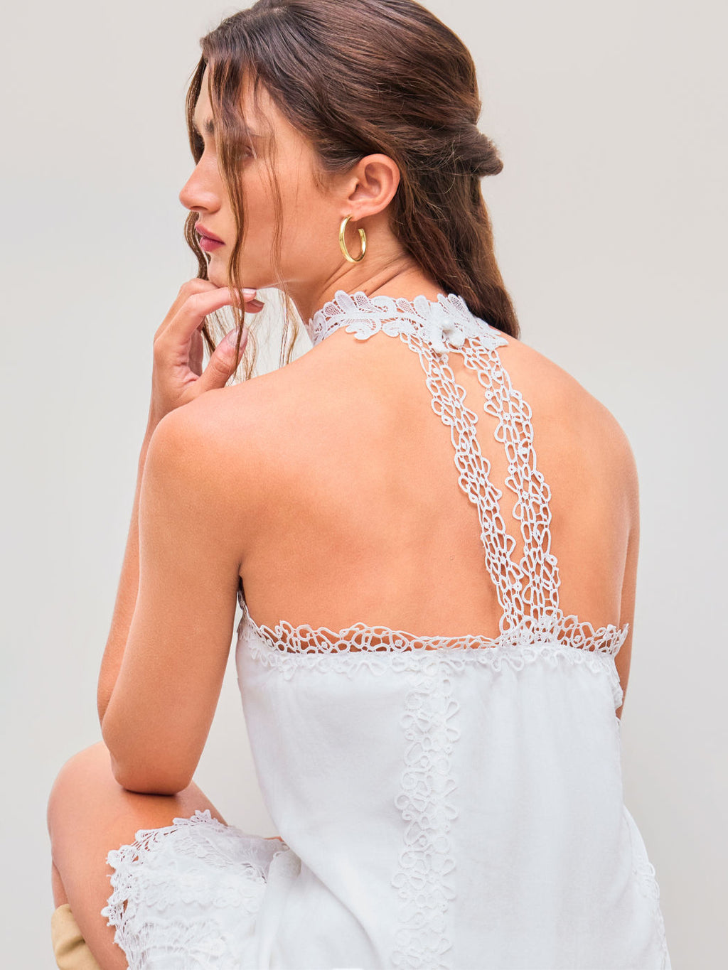 100% Cotton Halter Neckline Solid Embroidery Trim Mini Dress With Solid Shorts