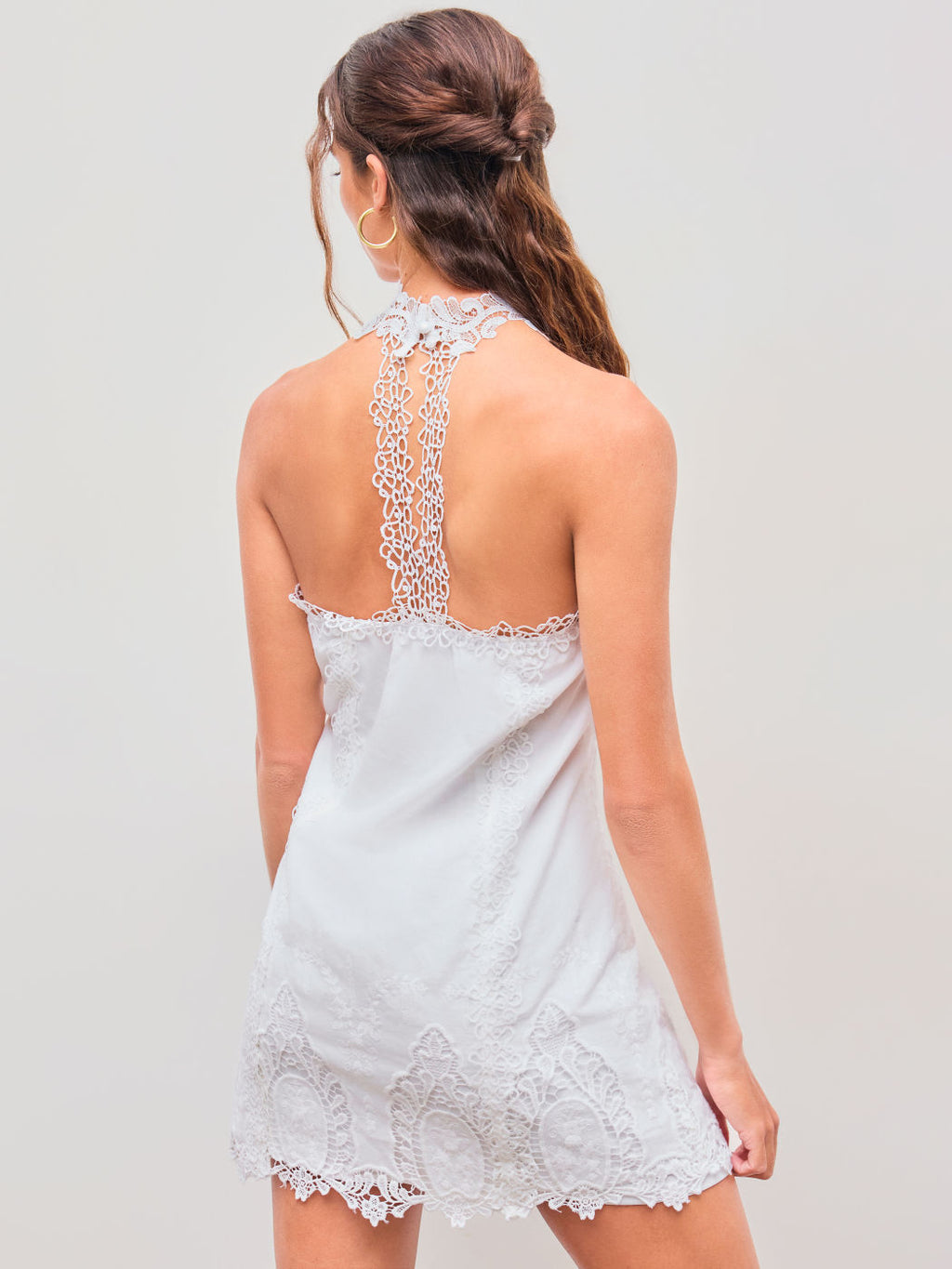 100% Cotton Halter Neckline Solid Embroidery Trim Mini Dress With Solid Shorts