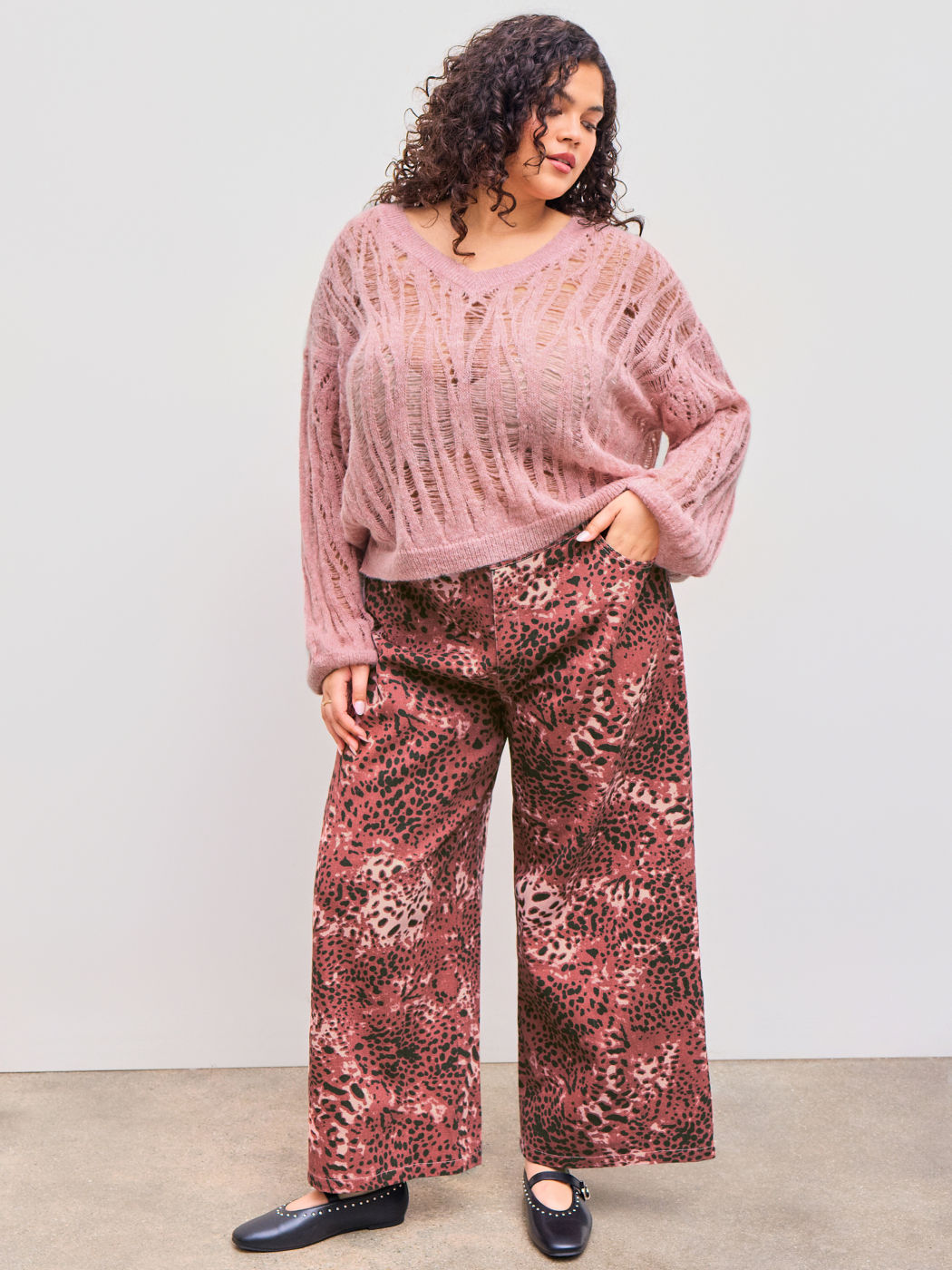 100% Cotton Mid Rise Leopard Pocket Wide Leg Trousers Curve & Plus