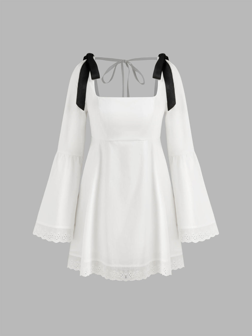 100% Cotton Square Neck Solid Broderie Anglaise Hem Knotted Mini Dress