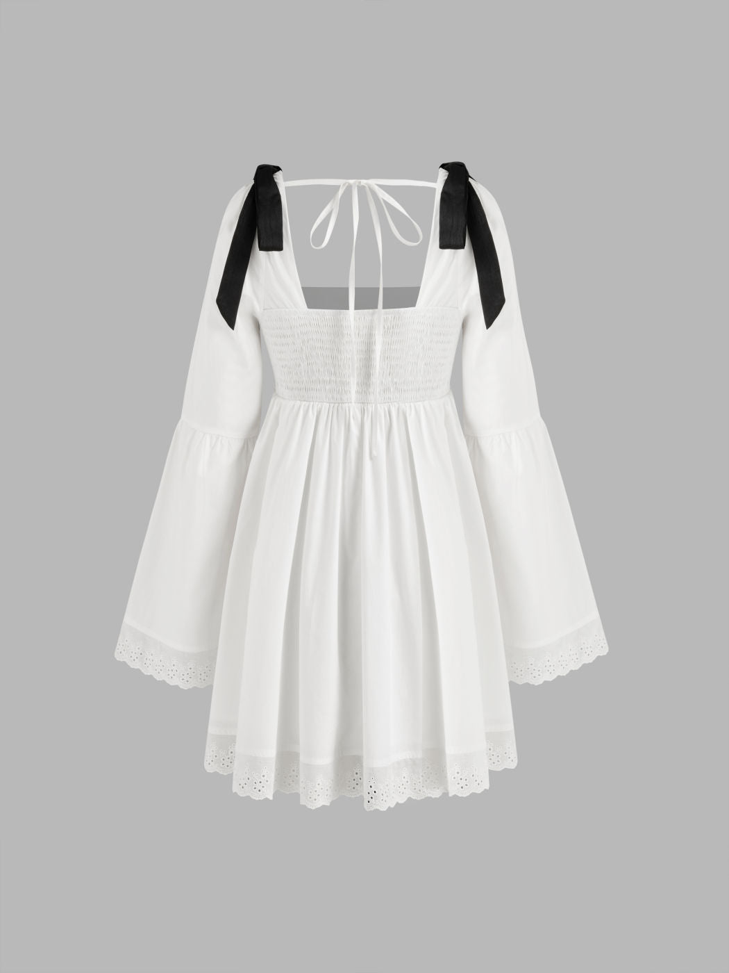100% Cotton Square Neck Solid Broderie Anglaise Hem Knotted Mini Dress