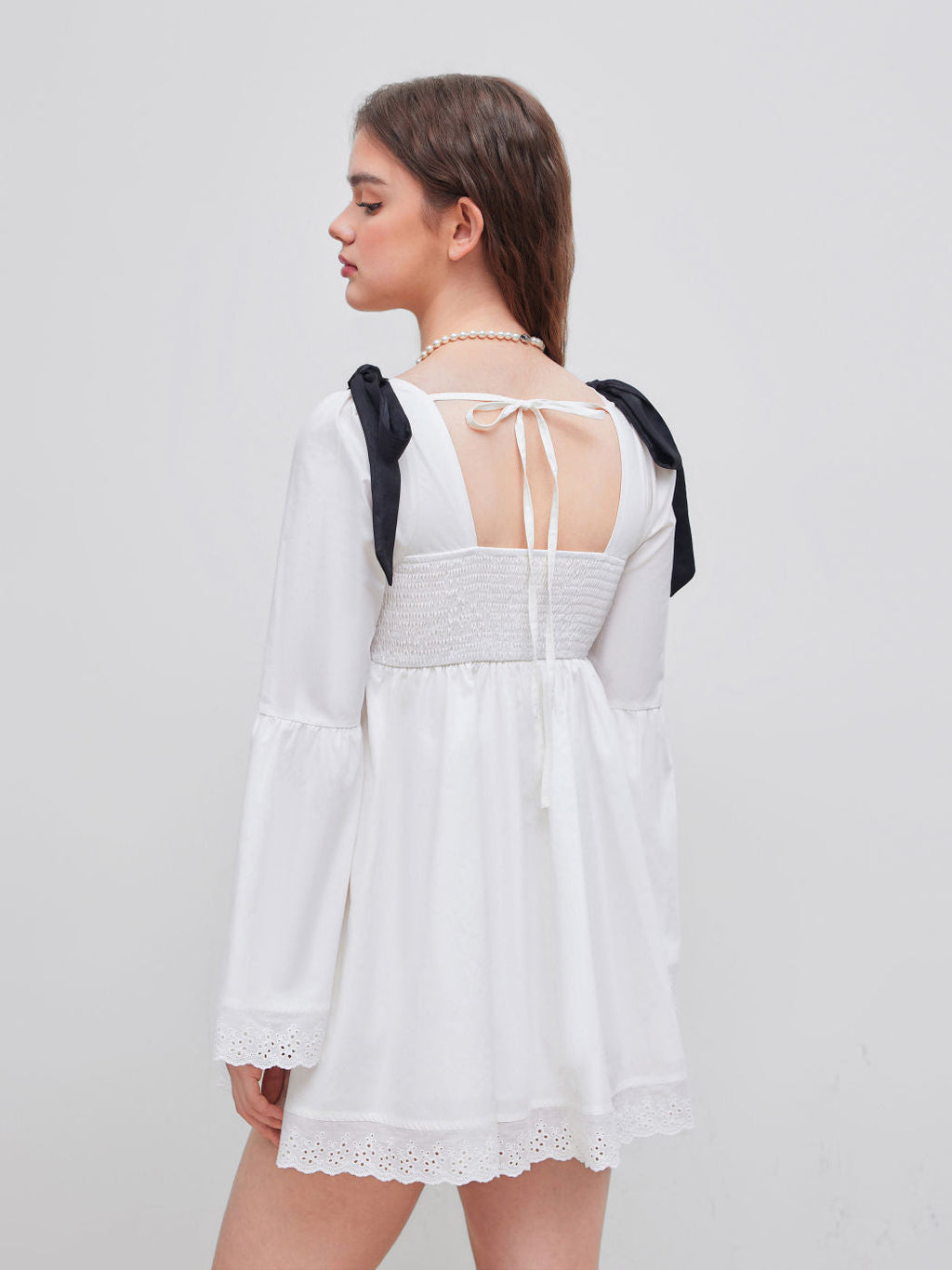 100% Cotton Square Neck Solid Broderie Anglaise Hem Knotted Mini Dress